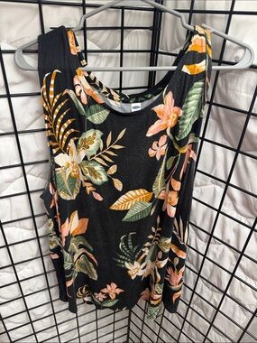 Old Navy Black Floral Tank Top with Green and Pink Leaves